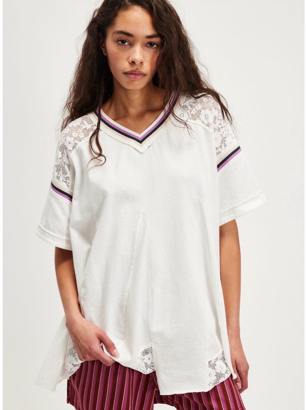 NWOT Free People Knockout
Tee lace panels & sporty striped trim Size-XS